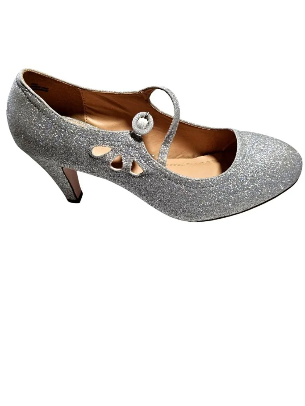 Woman's J.Adams retro Mary Jane style silver glitter eyelet ankle strap pumps 6